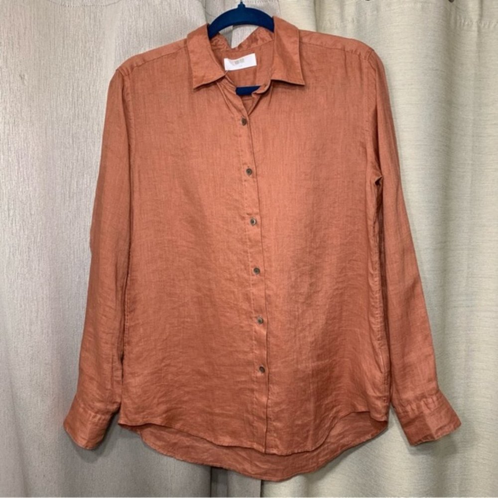 Uniqulo Rust Brown 100% Linen Button Up Shirt Women Sz S Boyfrien - Picture 10 of 10